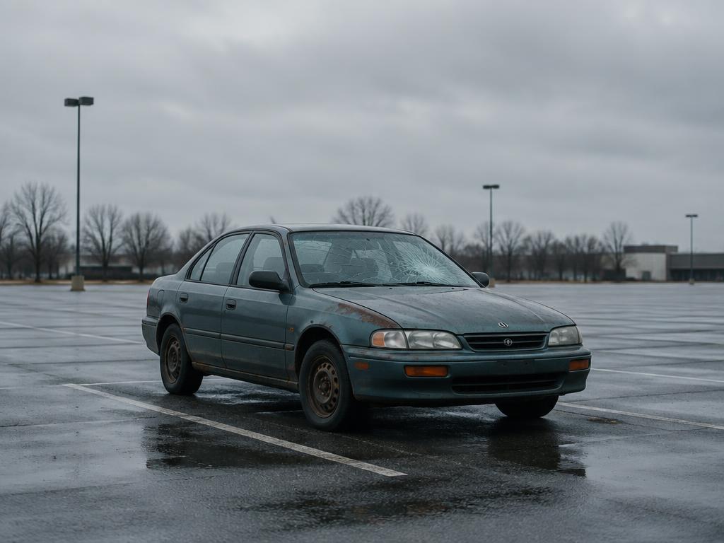 An older, well-worn sedan parked in an empty lot